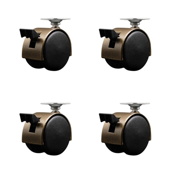 2'' Antique Metal Hood Twin Caster with Brake Nylon Wheels Top Plate , 4PK